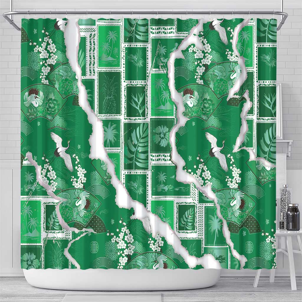 Hawaii Japanese Culture Green Shower Curtain Spring Cranes Aloha Pattern LT01 - Polynesian Pride