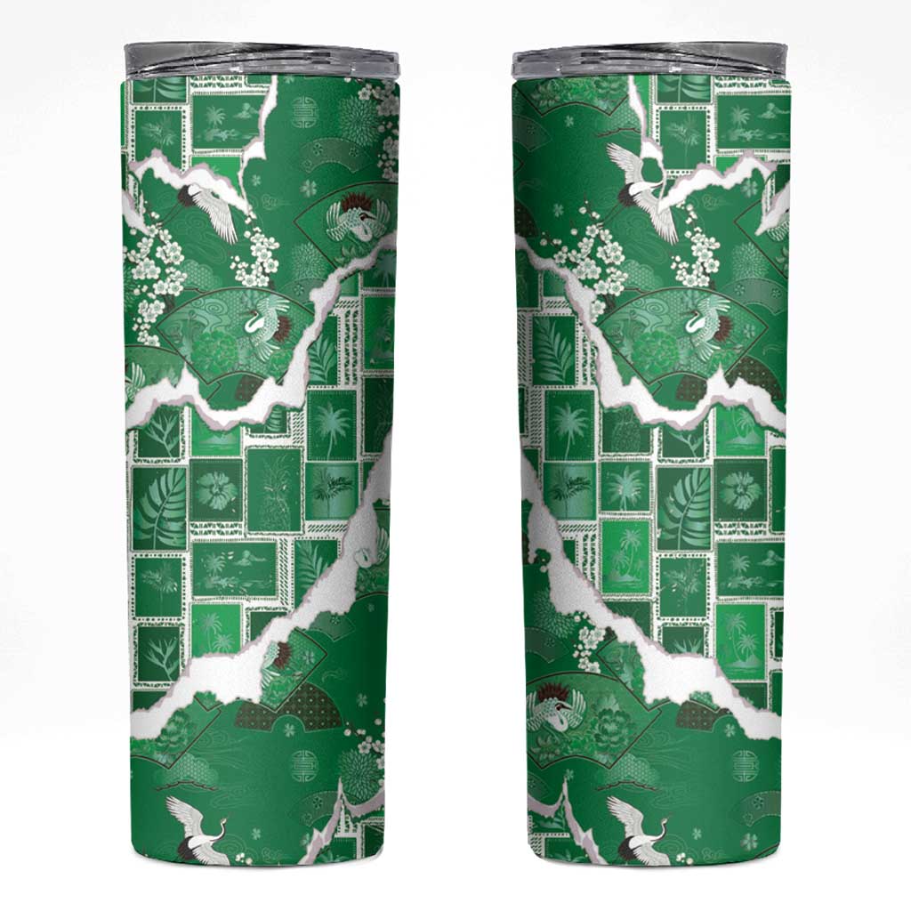 Hawaii Japanese Culture Green Skinny Tumbler Spring Cranes Aloha Pattern LT01 Green - Polynesian Pride