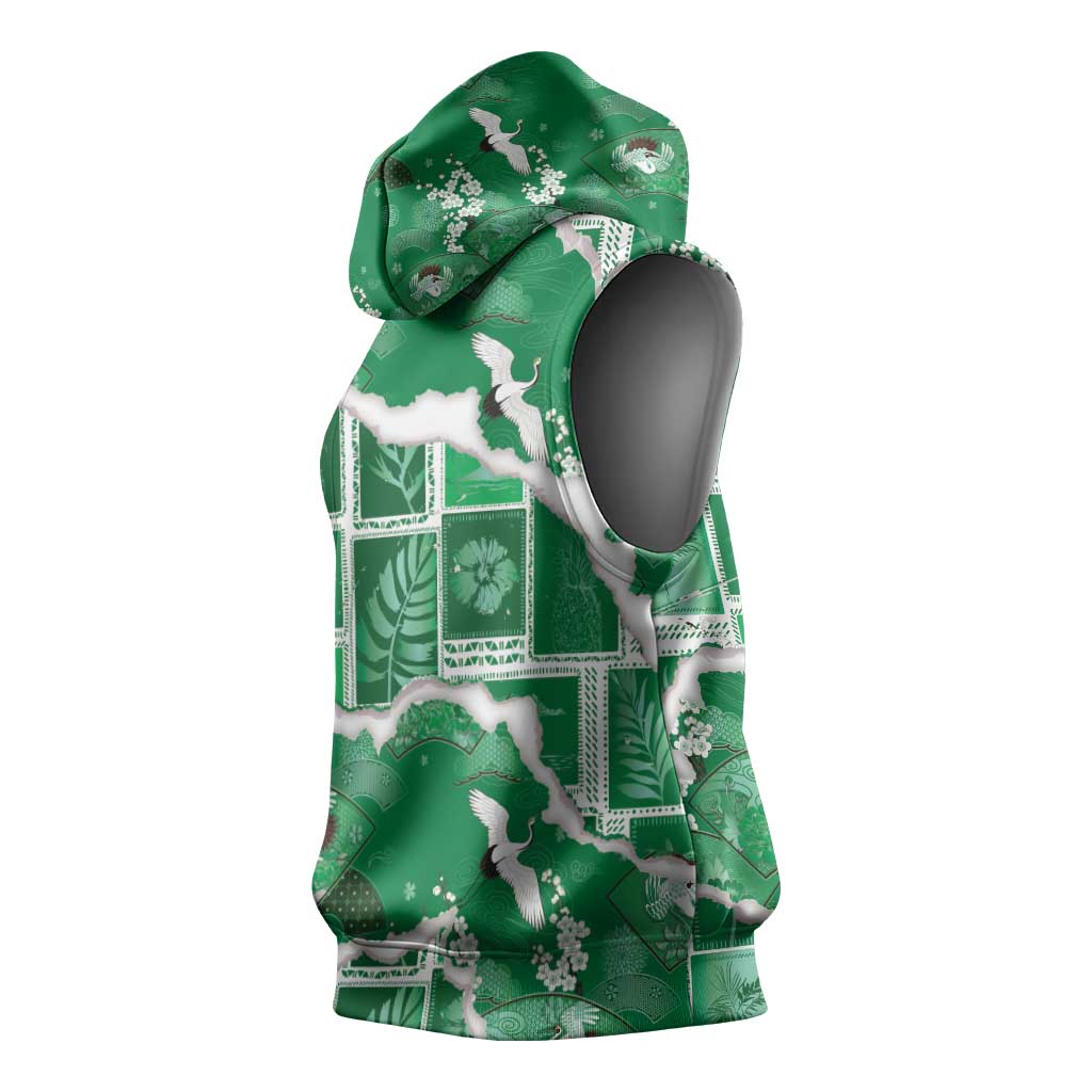 Hawaii Japanese Culture Green Sleeveless Hoodie Spring Cranes Aloha Pattern LT01 - Polynesian Pride