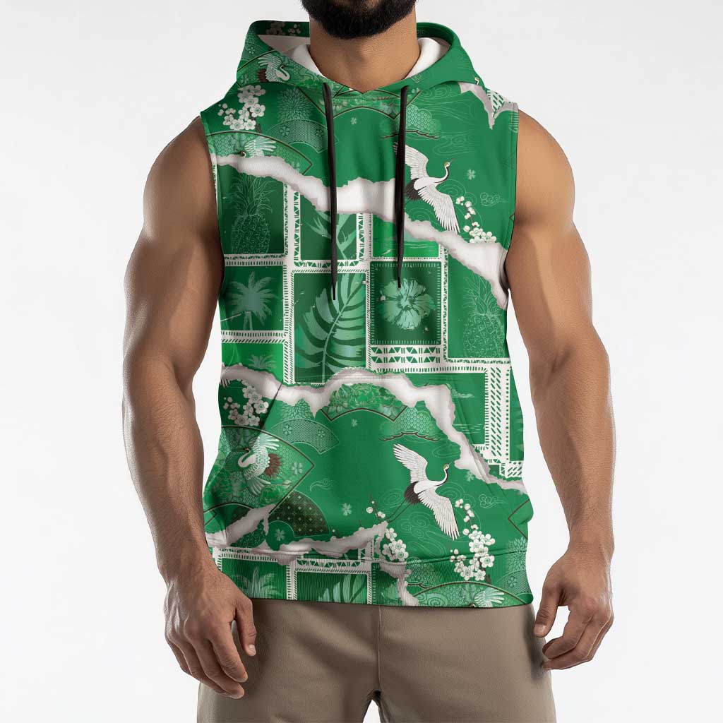 Hawaii Japanese Culture Green Sleeveless Hoodie Spring Cranes Aloha Pattern LT01 - Polynesian Pride