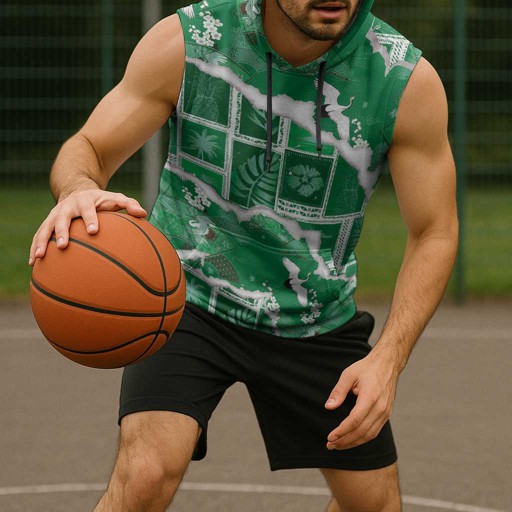 Hawaii Japanese Culture Green Sleeveless Hoodie Spring Cranes Aloha Pattern LT01 - Polynesian Pride