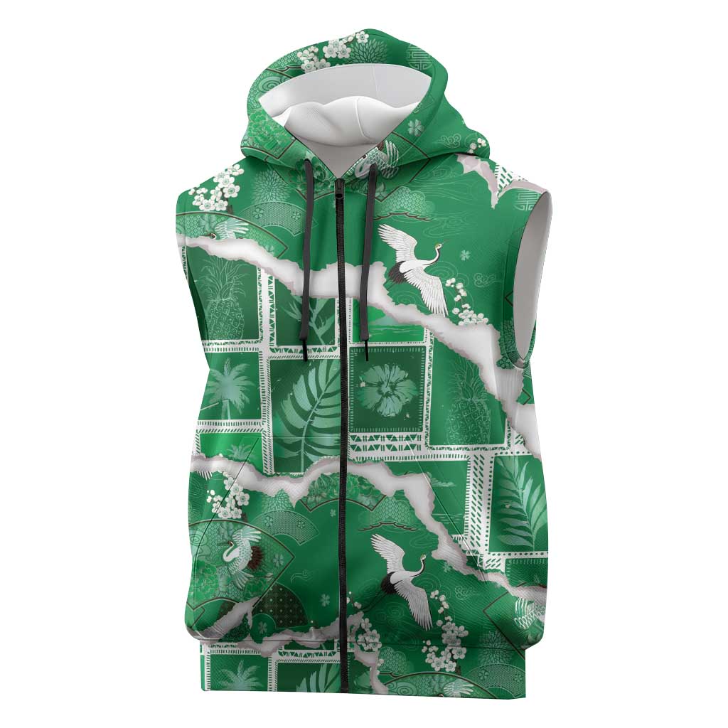 Hawaii Japanese Culture Green Sleeveless Zip Hoodie Spring Cranes Aloha Pattern LT01 Green - Polynesian Pride