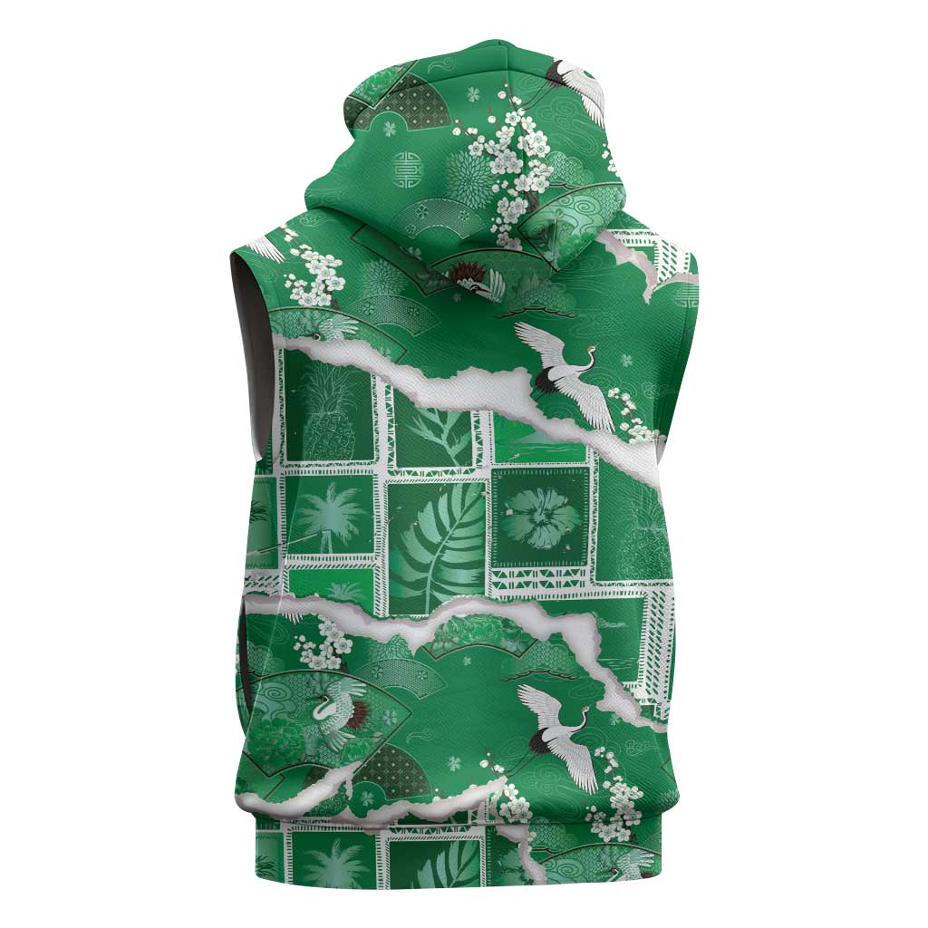 Hawaii Japanese Culture Green Sleeveless Zip Hoodie Spring Cranes Aloha Pattern LT01 - Polynesian Pride
