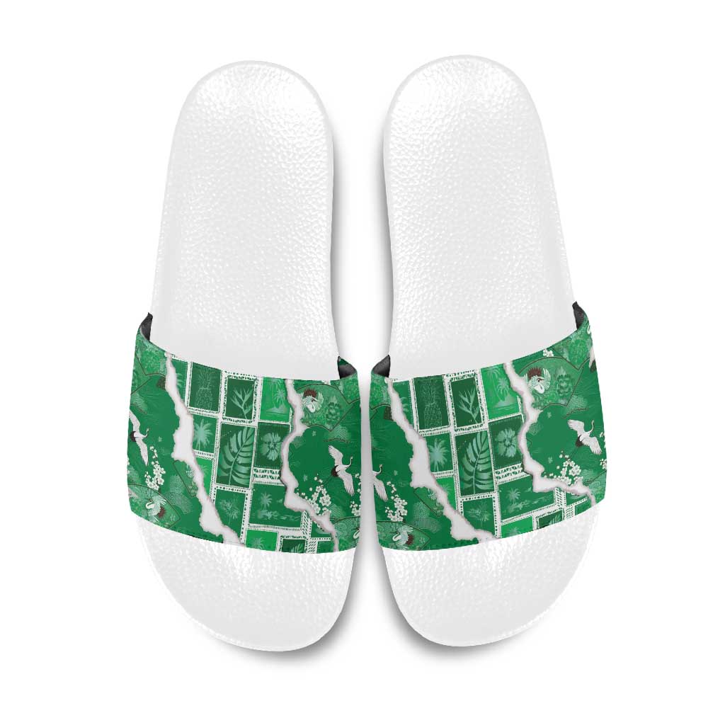Hawaii Japanese Culture Green Slide Sandals Spring Cranes Aloha Pattern LT01 Green - Polynesian Pride