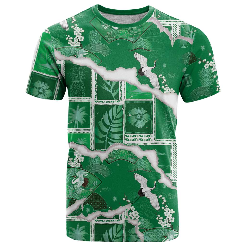 Hawaii Japanese Culture Green T Shirt Spring Cranes Aloha Pattern LT01 Green - Polynesian Pride