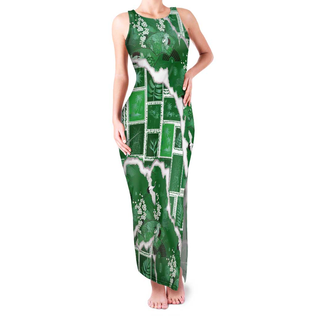 Hawaii Japanese Culture Green Tank Maxi Dress Spring Cranes Aloha Pattern LT01 Women Green - Polynesian Pride