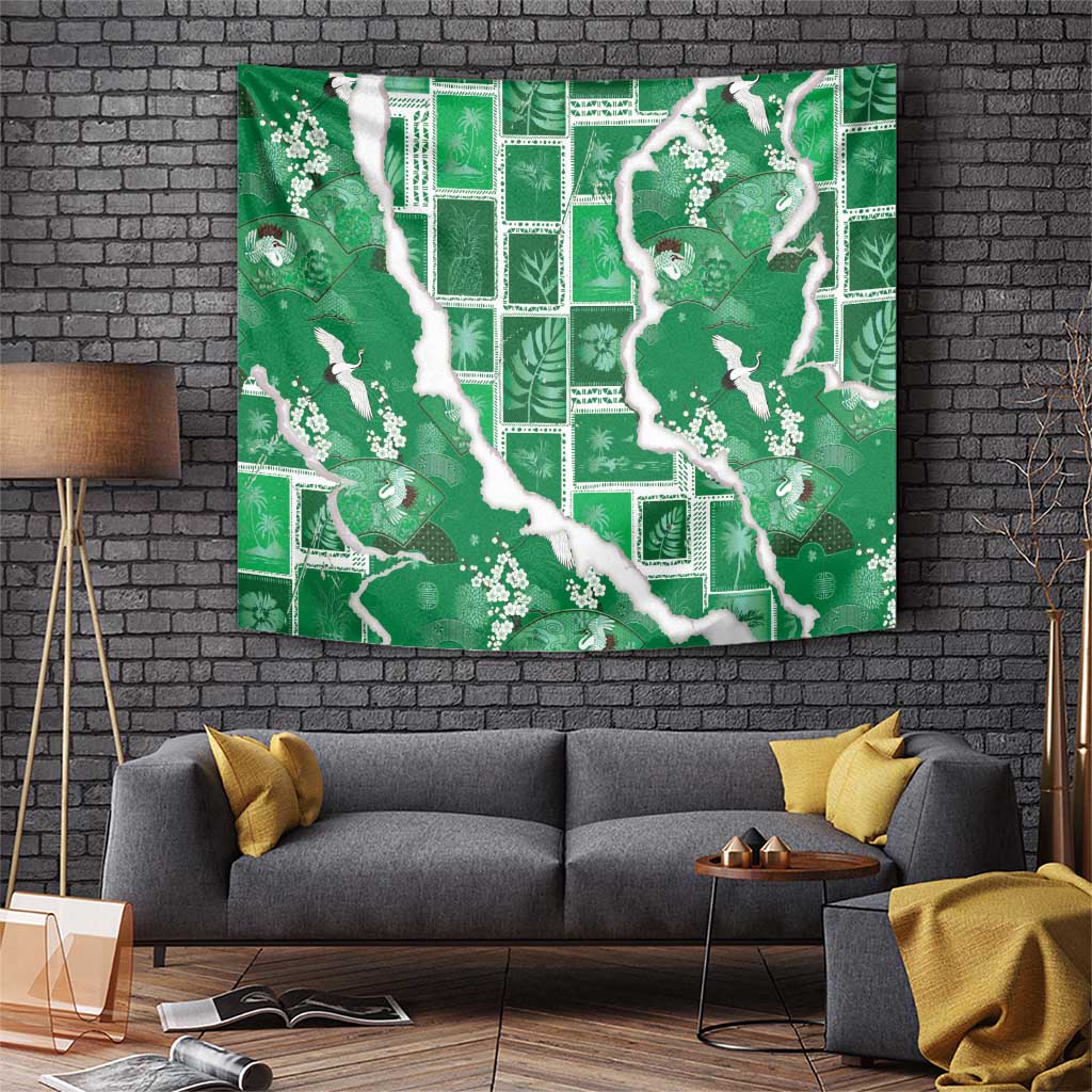 Hawaii Japanese Culture Green Tapestry Spring Cranes Aloha Pattern LT01 Green - Polynesian Pride