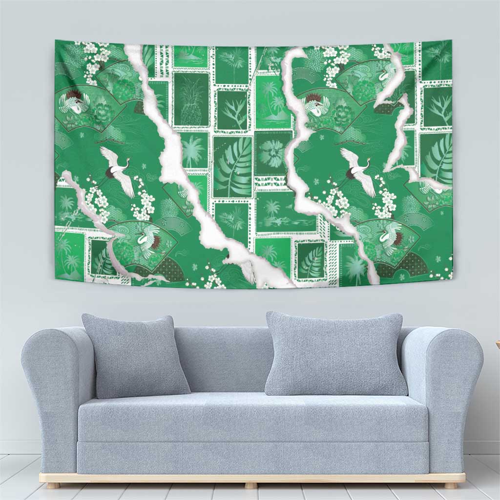 Hawaii Japanese Culture Green Tapestry Spring Cranes Aloha Pattern LT01 - Polynesian Pride