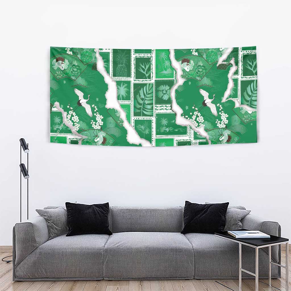 Hawaii Japanese Culture Green Tapestry Spring Cranes Aloha Pattern LT01 - Polynesian Pride