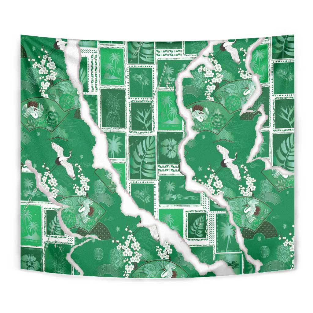 Hawaii Japanese Culture Green Tapestry Spring Cranes Aloha Pattern LT01 - Polynesian Pride