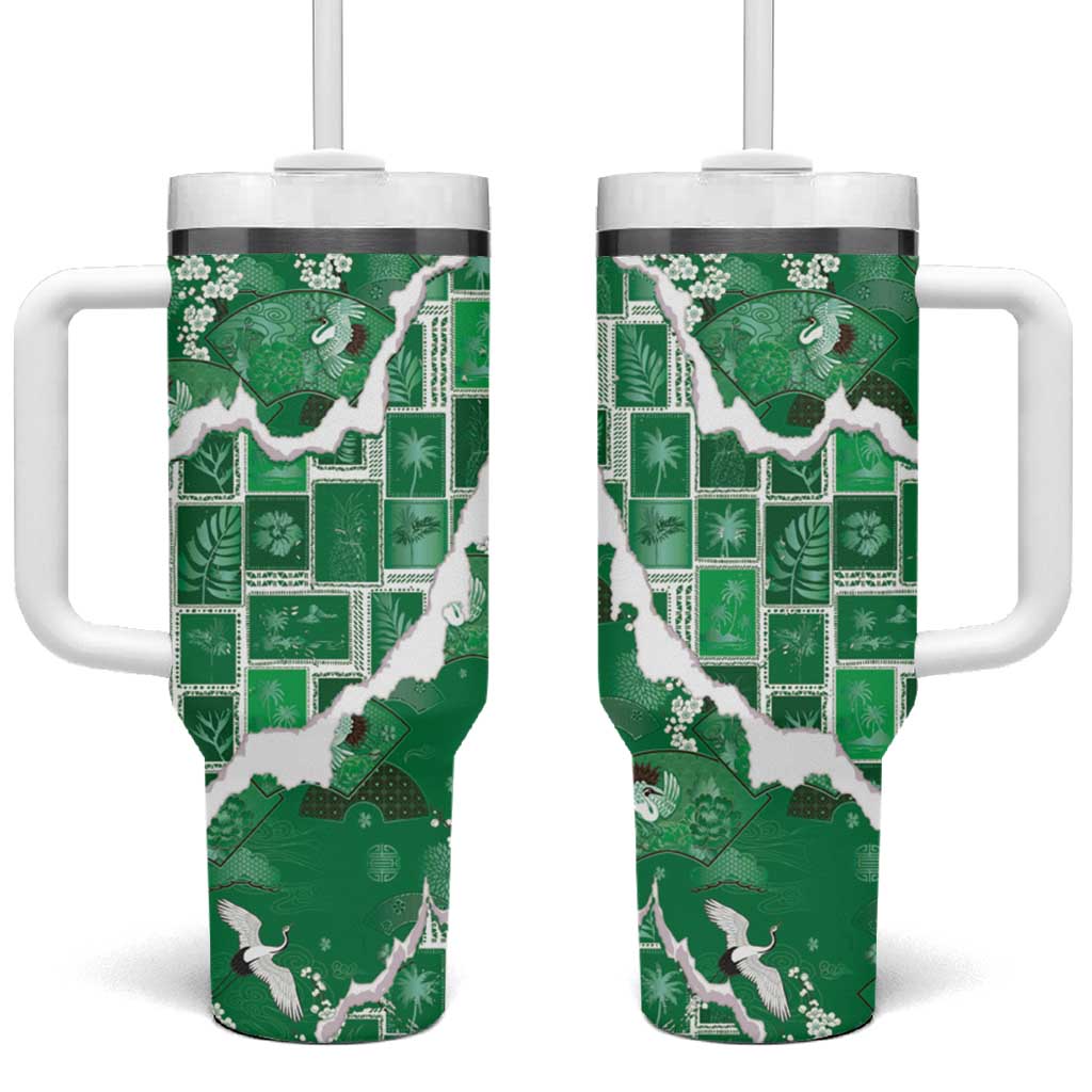 Hawaii Japanese Culture Green Tumbler With Handle Spring Cranes Aloha Pattern LT01 One Size: 40 oz Green - Polynesian Pride