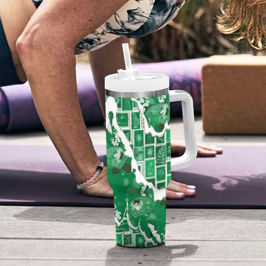 Hawaii Japanese Culture Green Tumbler With Handle Spring Cranes Aloha Pattern LT01 - Polynesian Pride