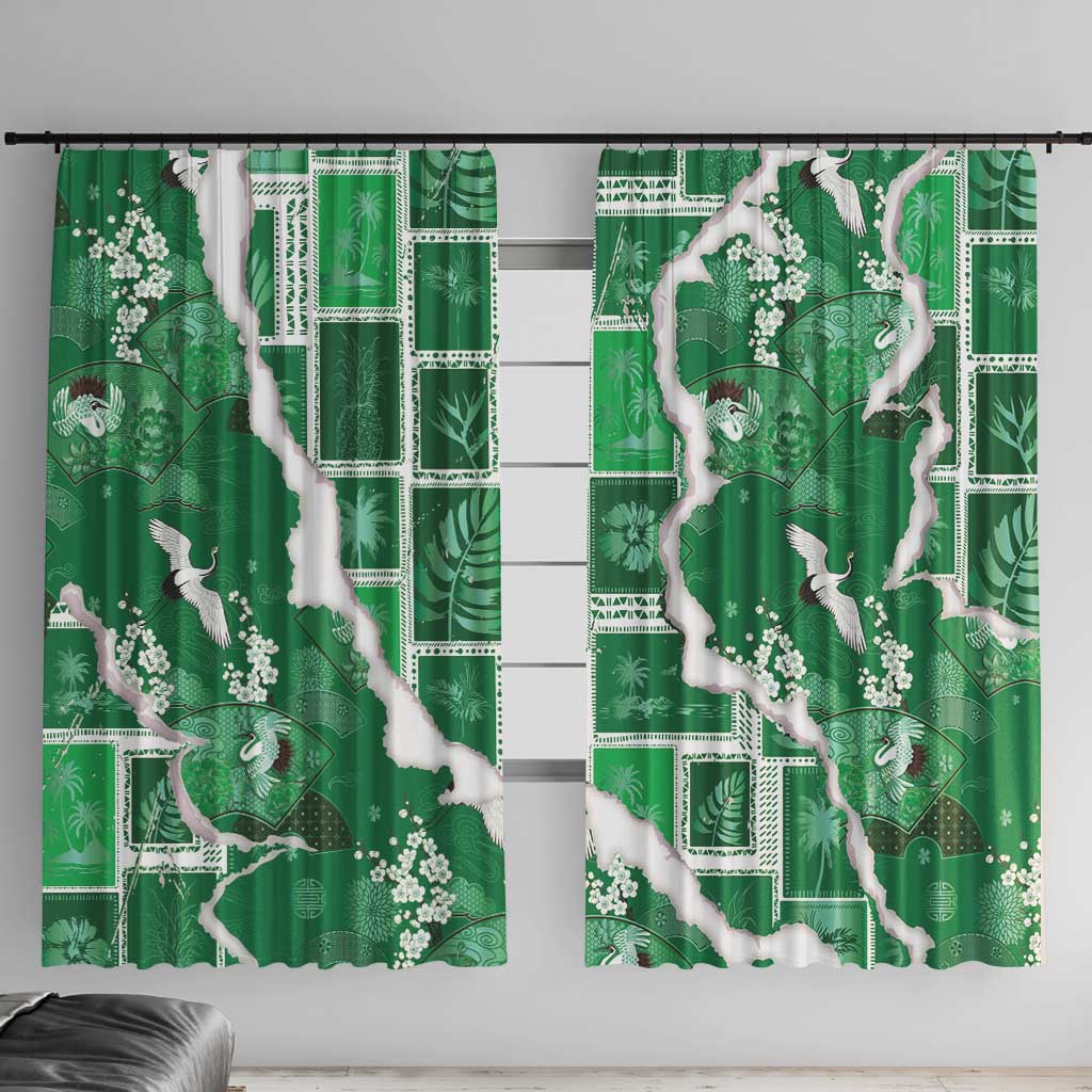 Hawaii Japanese Culture Green Window Curtain Spring Cranes Aloha Pattern LT01 With Hooks Green - Polynesian Pride