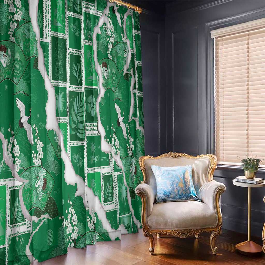 Hawaii Japanese Culture Green Window Curtain Spring Cranes Aloha Pattern LT01 - Polynesian Pride