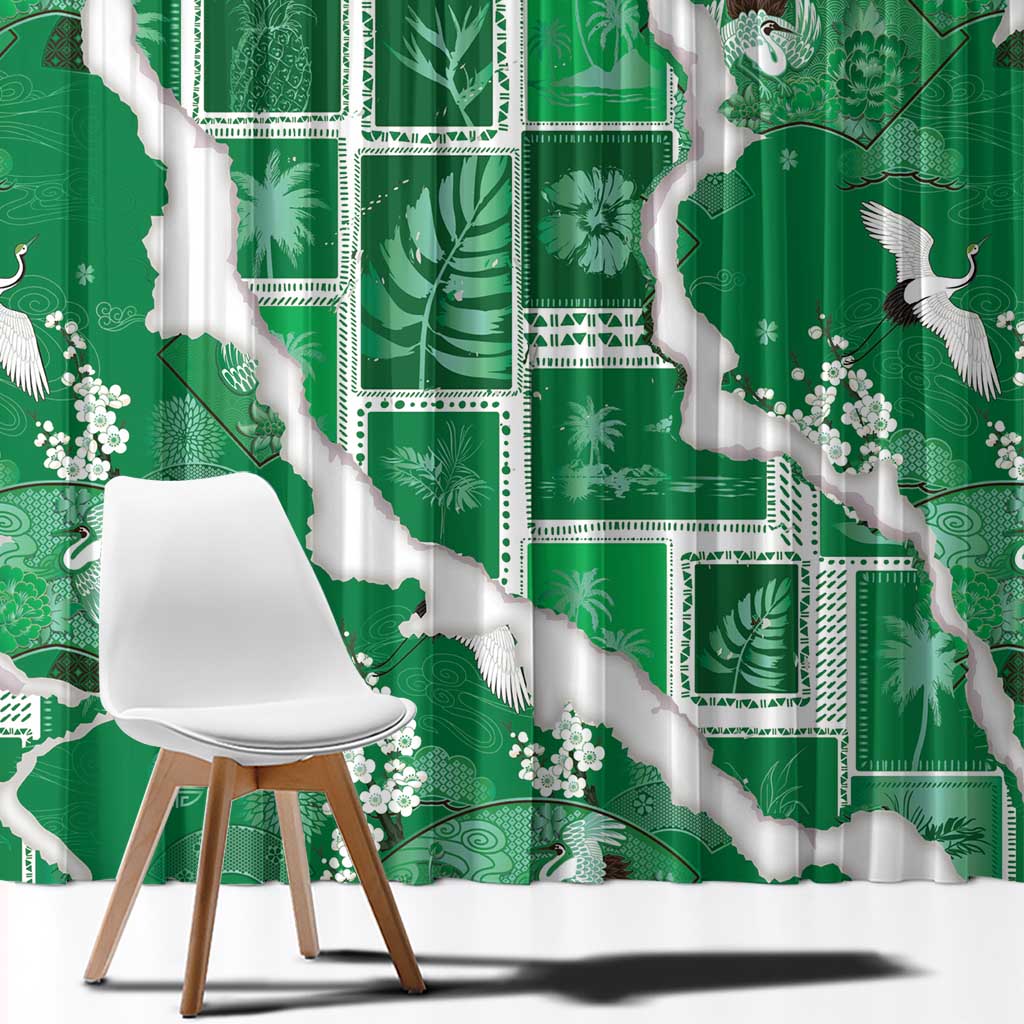 Hawaii Japanese Culture Green Window Curtain Spring Cranes Aloha Pattern LT01 - Polynesian Pride