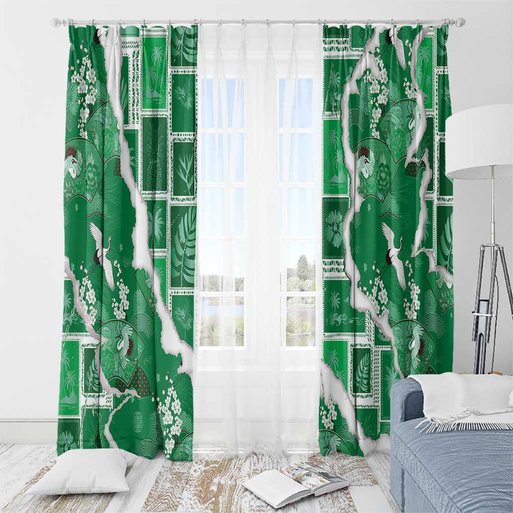 Hawaii Japanese Culture Green Window Curtain Spring Cranes Aloha Pattern LT01 - Polynesian Pride