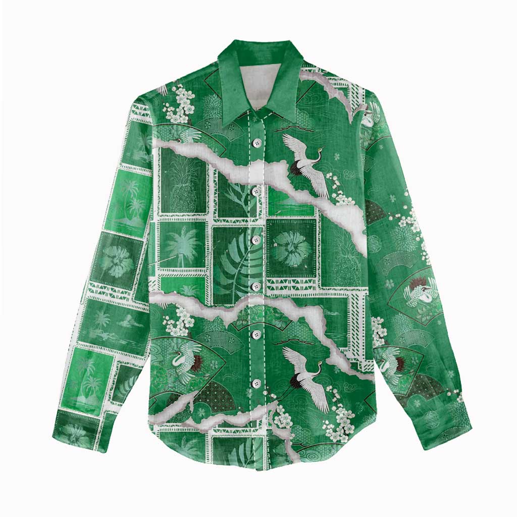 Hawaii Japanese Culture Green Women Casual Shirt Spring Cranes Aloha Pattern LT01 - Polynesian Pride