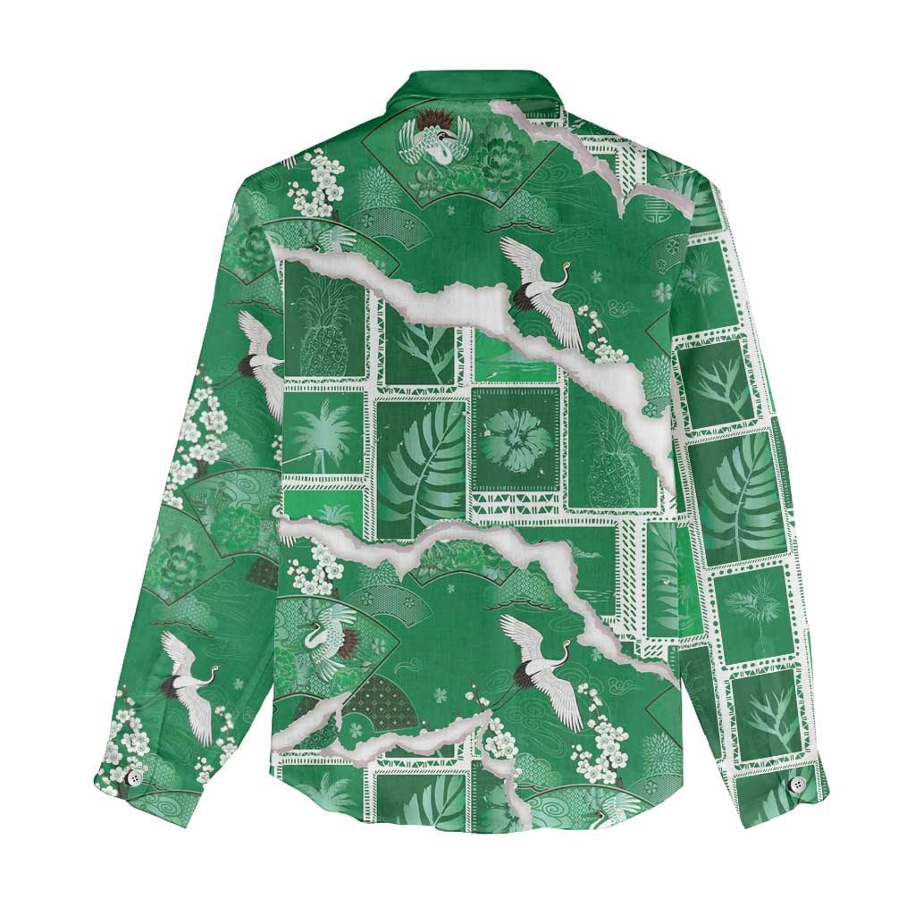 Hawaii Japanese Culture Green Women Casual Shirt Spring Cranes Aloha Pattern LT01 - Polynesian Pride