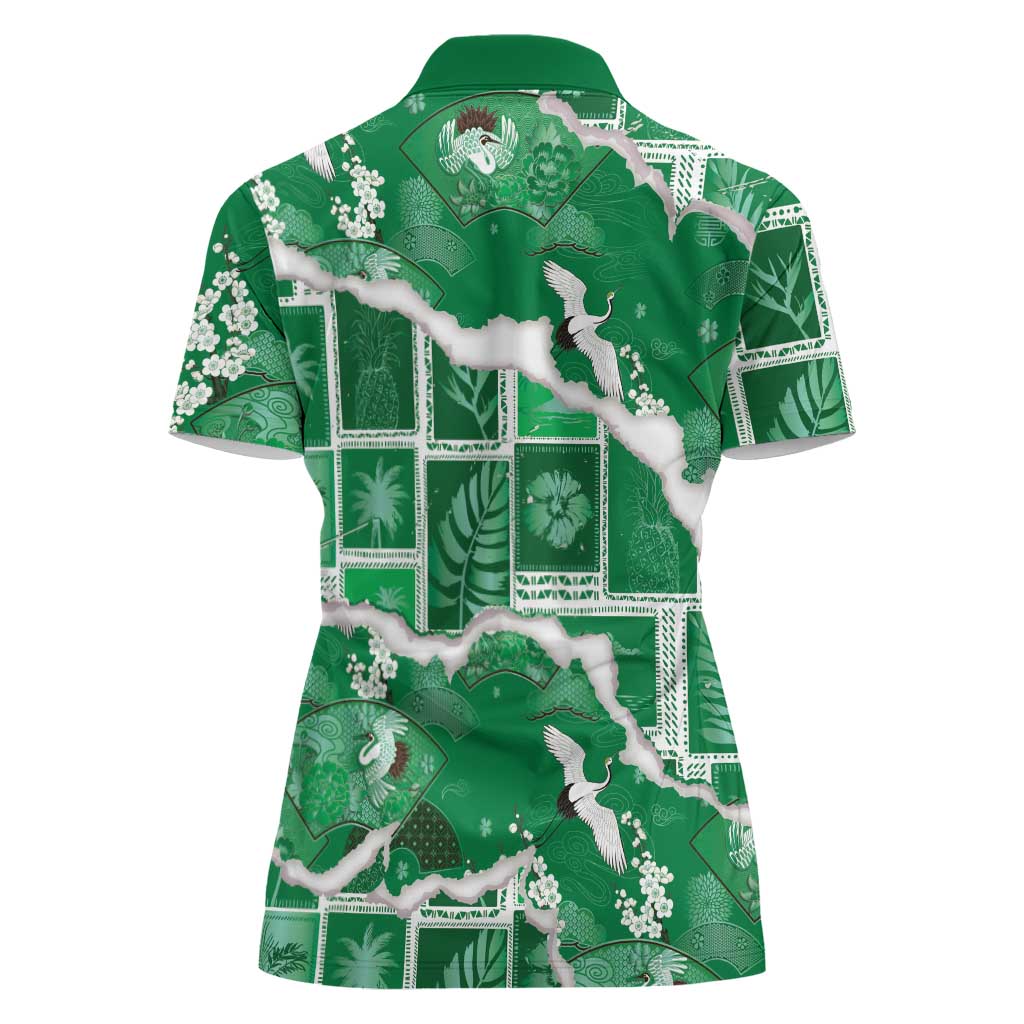 Hawaii Japanese Culture Green Women Polo Shirt Spring Cranes Aloha Pattern LT01 - Polynesian Pride