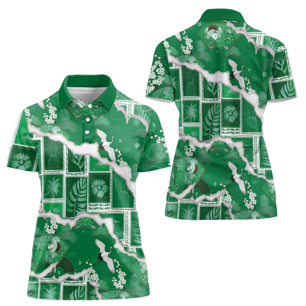 Hawaii Japanese Culture Green Women Polo Shirt Spring Cranes Aloha Pattern LT01 - Polynesian Pride