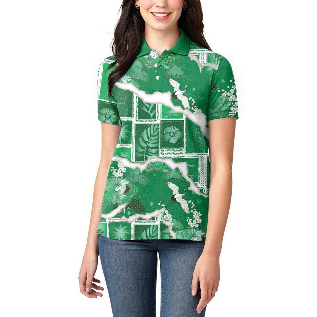 Hawaii Japanese Culture Green Women Polo Shirt Spring Cranes Aloha Pattern LT01 - Polynesian Pride
