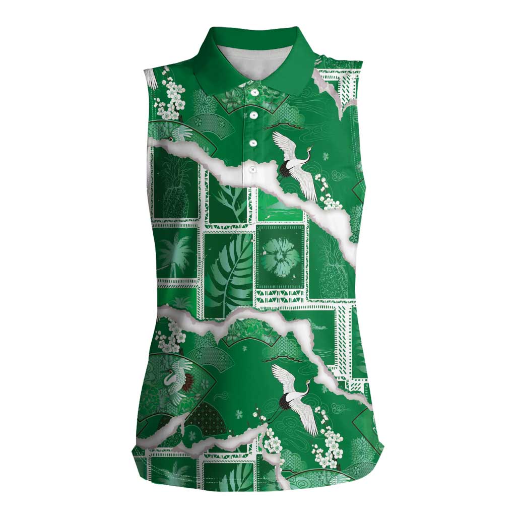 Hawaii Japanese Culture Green Women Sleeveless Polo Shirt Spring Cranes Aloha Pattern LT01 Female Green - Polynesian Pride