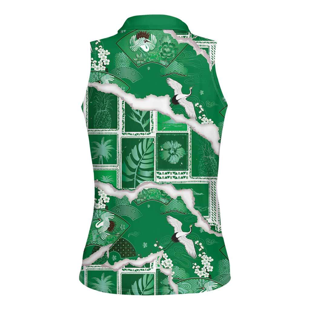 Hawaii Japanese Culture Green Women Sleeveless Polo Shirt Spring Cranes Aloha Pattern LT01 - Polynesian Pride