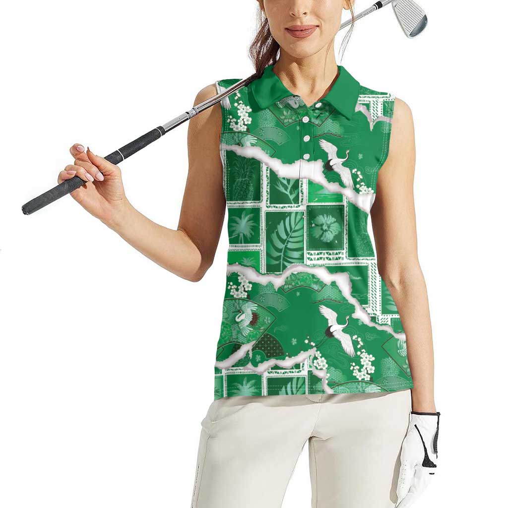 Hawaii Japanese Culture Green Women Sleeveless Polo Shirt Spring Cranes Aloha Pattern LT01 - Polynesian Pride