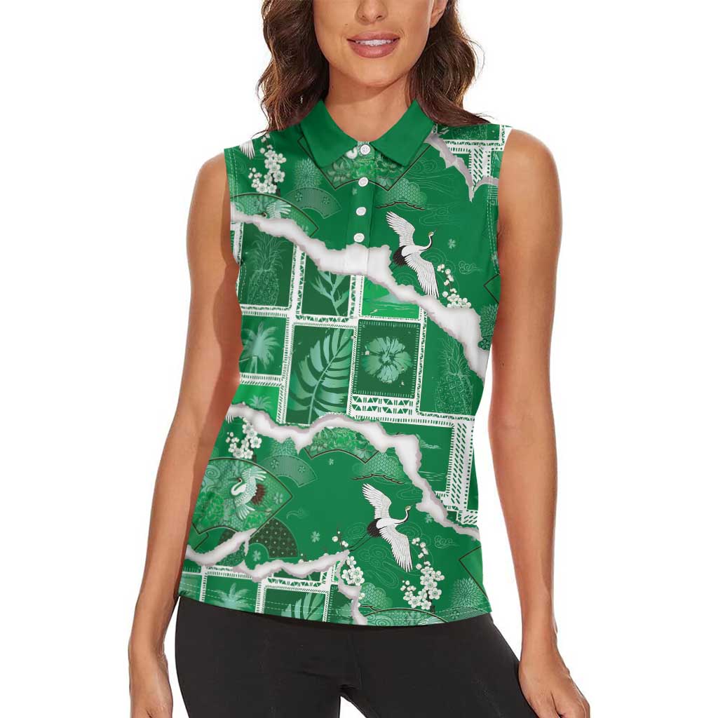 Hawaii Japanese Culture Green Women Sleeveless Polo Shirt Spring Cranes Aloha Pattern LT01 - Polynesian Pride
