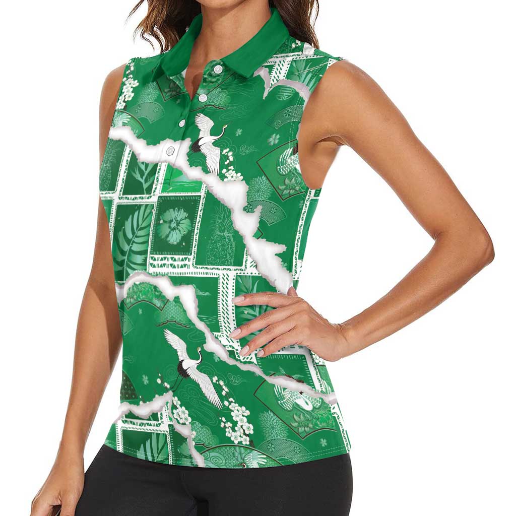 Hawaii Japanese Culture Green Women Sleeveless Polo Shirt Spring Cranes Aloha Pattern LT01 - Polynesian Pride