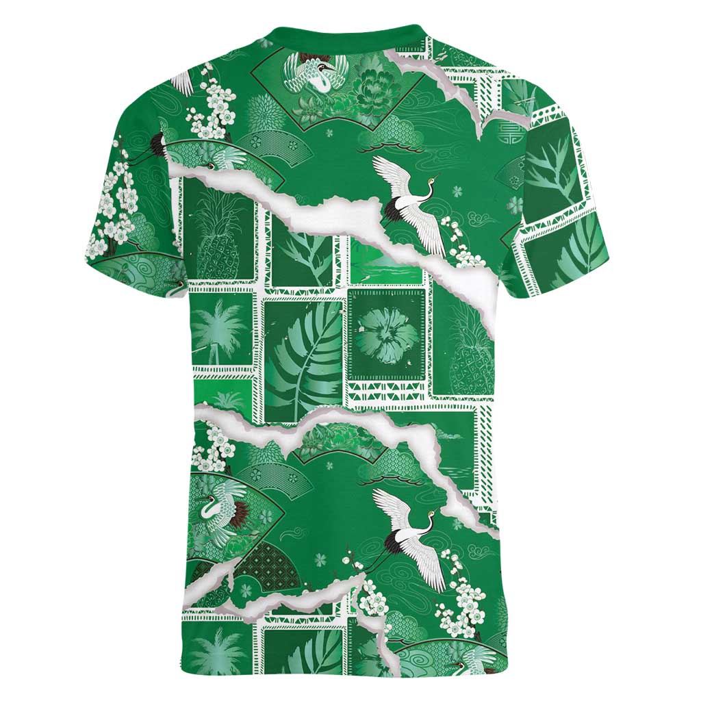 Hawaii Japanese Culture Green Women V-Neck T-Shirt Spring Cranes Aloha Pattern LT01 - Polynesian Pride
