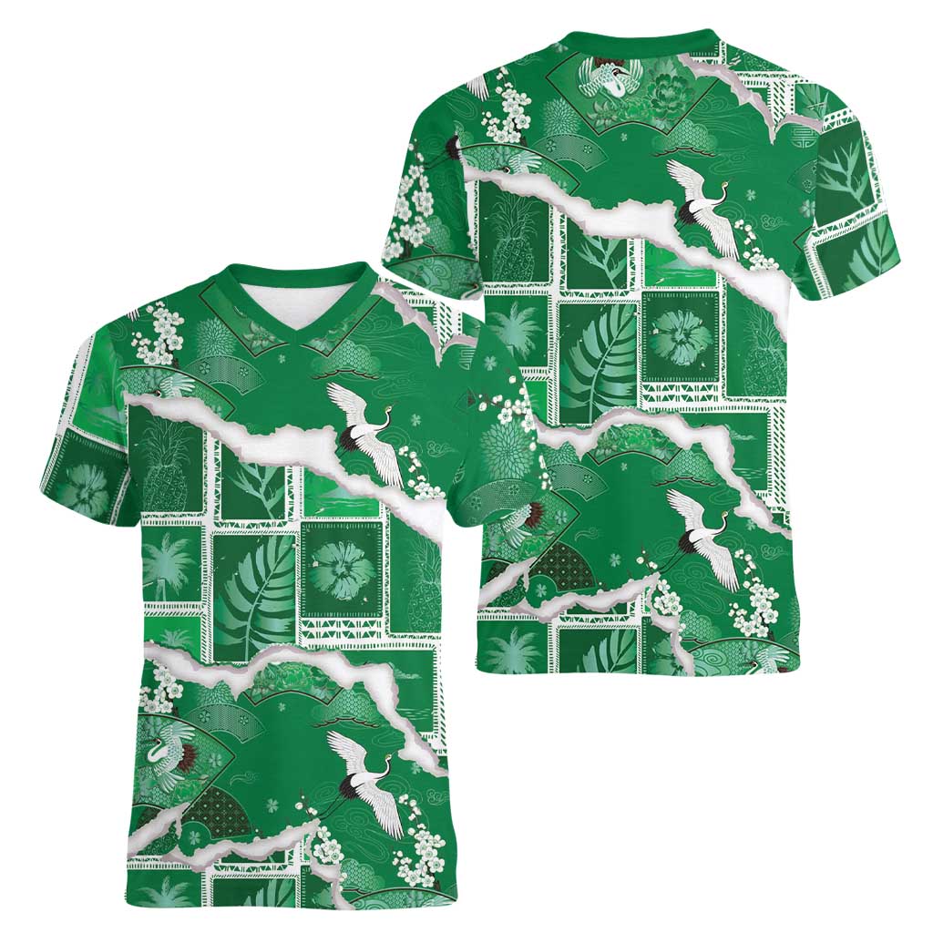 Hawaii Japanese Culture Green Women V-Neck T-Shirt Spring Cranes Aloha Pattern LT01 - Polynesian Pride