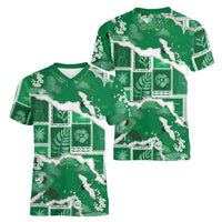 Hawaii Japanese Culture Green Women V-Neck T-Shirt Spring Cranes Aloha Pattern LT01 - Polynesian Pride