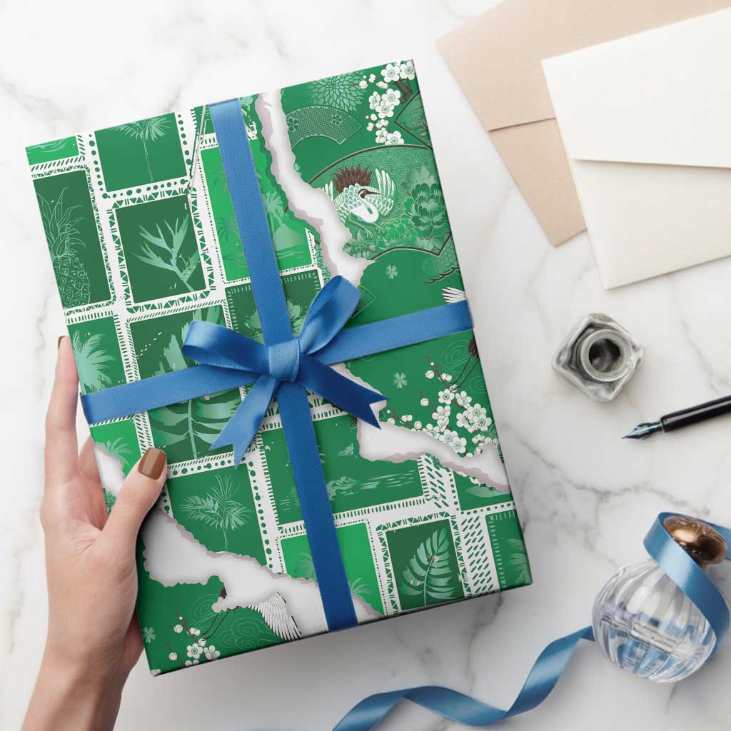 Hawaii Japanese Culture Green Wrapping Paper Spring Cranes Aloha Pattern LT01 - Polynesian Pride