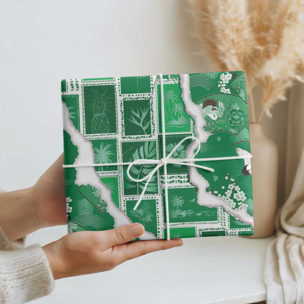Hawaii Japanese Culture Green Wrapping Paper Spring Cranes Aloha Pattern LT01 - Polynesian Pride