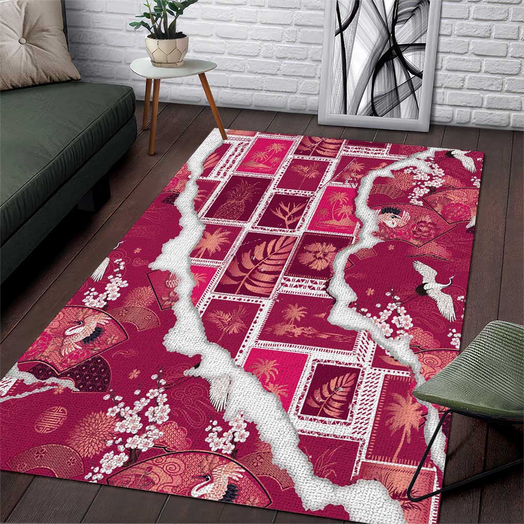 Hawaii Japanese Culture Pink Area Rug Spring Cranes Aloha Pattern