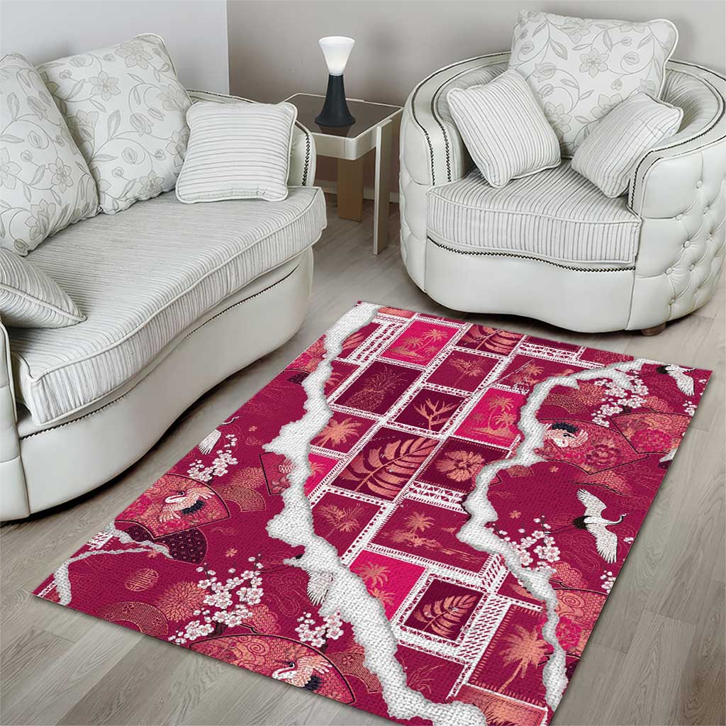 Hawaii Japanese Culture Pink Area Rug Spring Cranes Aloha Pattern