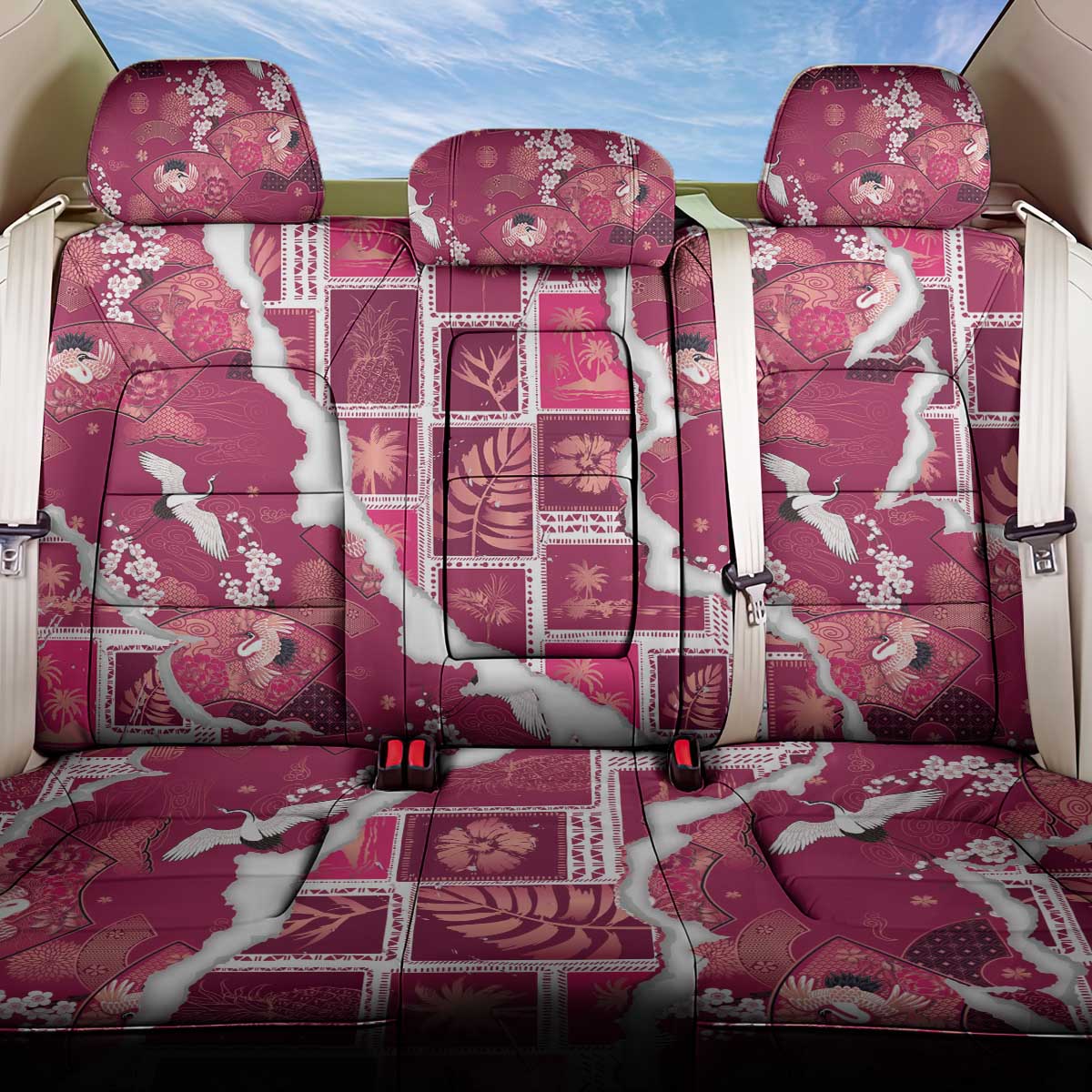 Hawaii Japanese Culture Pink Back Car Seat Cover Spring Cranes Aloha Pattern