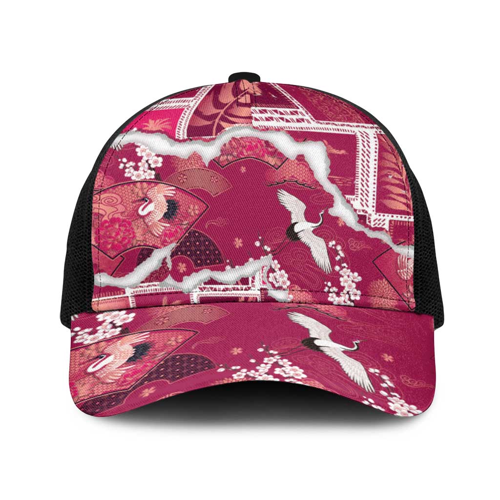 Hawaii Japanese Culture Pink Baseball Net Cap Spring Cranes Aloha Pattern LT01 One Size Black Pink - Polynesian Pride