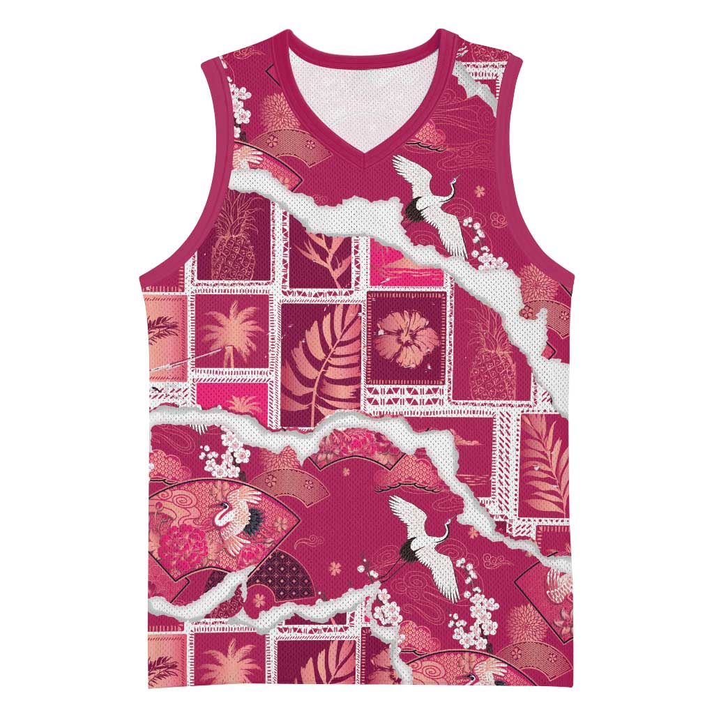 Hawaii Japanese Culture Pink Basketball Jersey Spring Cranes Aloha Pattern LT01 Unisex Pink - Polynesian Pride