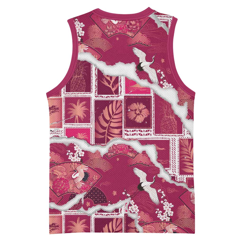 Hawaii Japanese Culture Pink Basketball Jersey Spring Cranes Aloha Pattern LT01 - Polynesian Pride