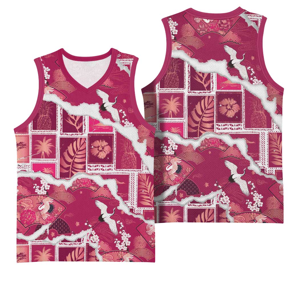 Hawaii Japanese Culture Pink Basketball Jersey Spring Cranes Aloha Pattern LT01 - Polynesian Pride
