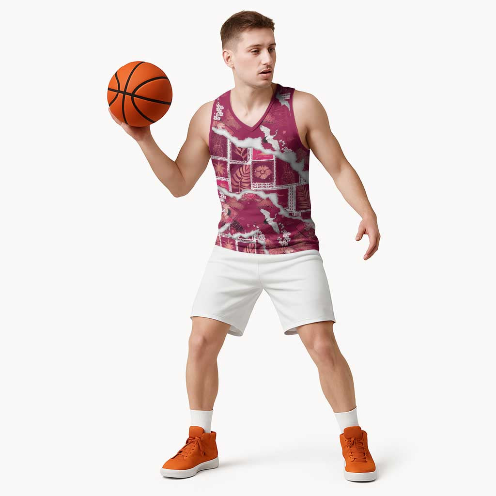 Hawaii Japanese Culture Pink Basketball Jersey Spring Cranes Aloha Pattern LT01 - Polynesian Pride