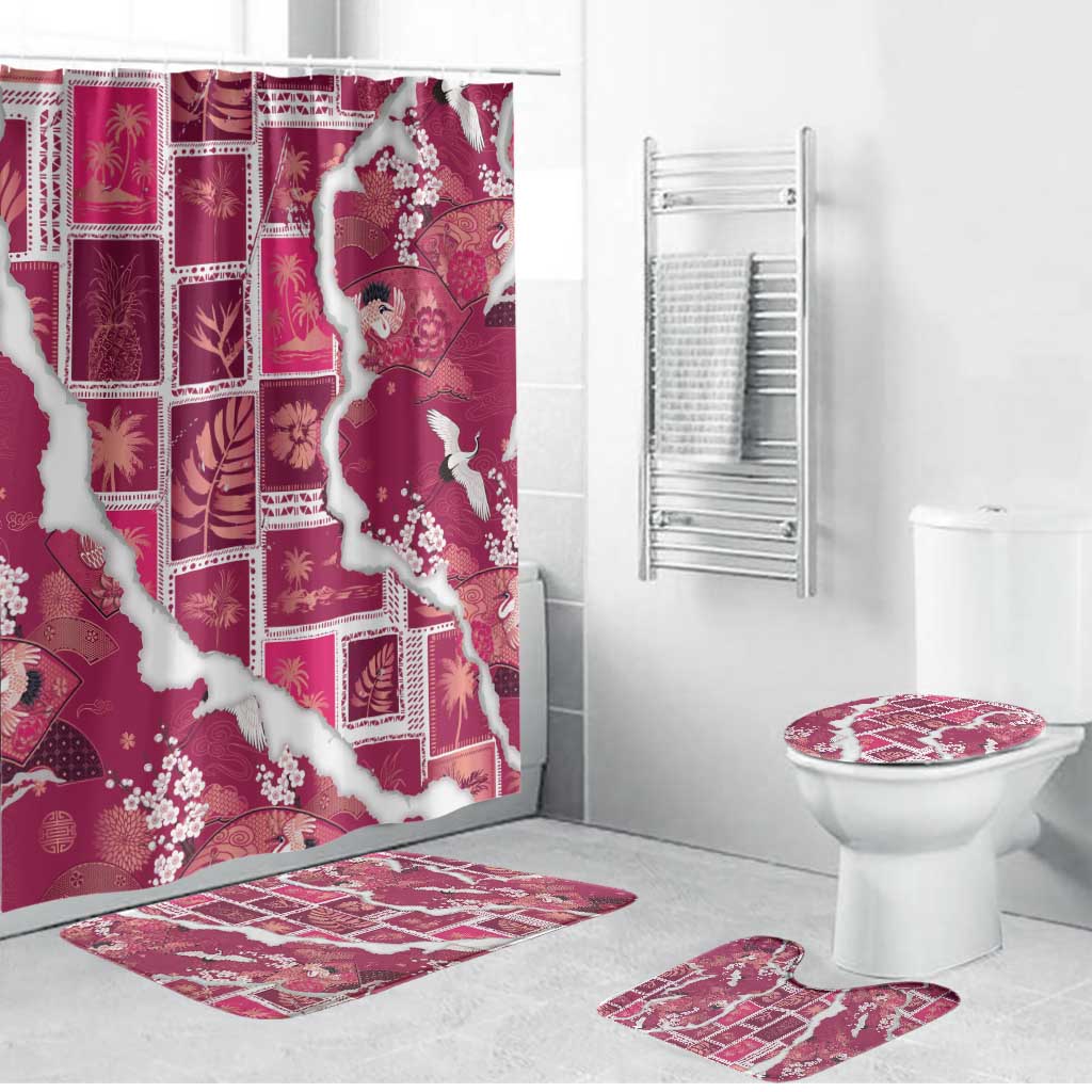 Hawaii Japanese Culture Pink Bathroom Set Spring Cranes Aloha Pattern LT01 Bathroom Set (4 pcs) Pink - Polynesian Pride