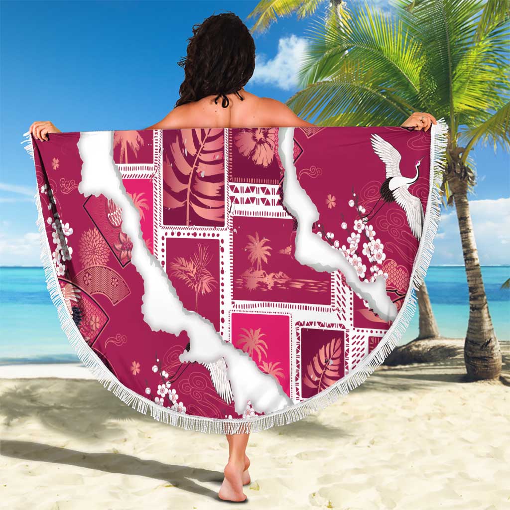 Hawaii Japanese Culture Pink Beach Blanket Spring Cranes Aloha Pattern LT01 - Polynesian Pride