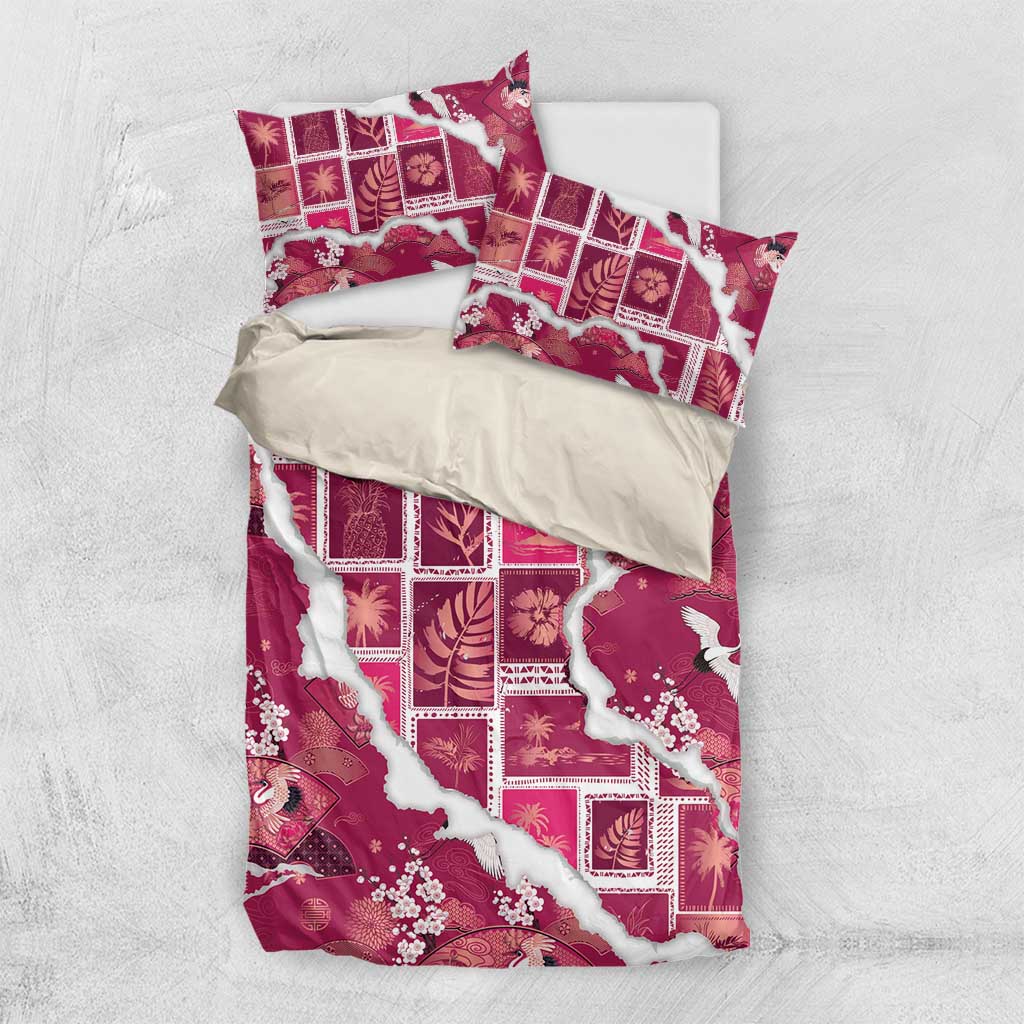 Hawaii Japanese Culture Pink Bedding Set Spring Cranes Aloha Pattern LT01 US Twin 172cm x 218cm Pink - Polynesian Pride