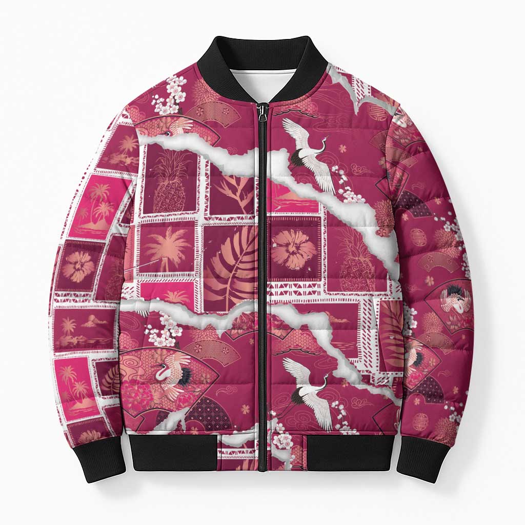Hawaii Japanese Culture Pink Bomber Puffer Jacket Spring Cranes Aloha Pattern LT01 Unisex Pink - Polynesian Pride
