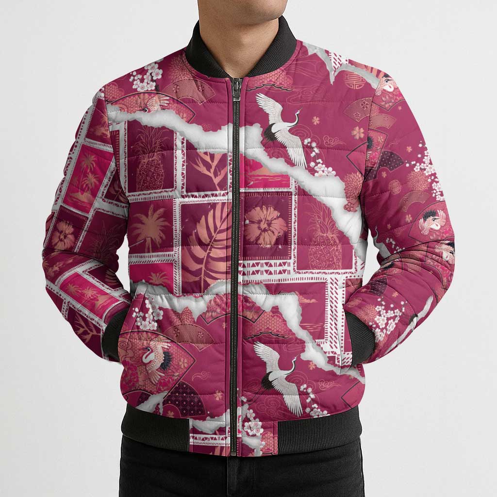 Hawaii Japanese Culture Pink Bomber Puffer Jacket Spring Cranes Aloha Pattern LT01 - Polynesian Pride