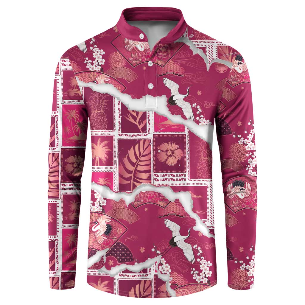 Hawaii Japanese Culture Pink Button Sweatshirt Spring Cranes Aloha Pattern LT01 Pink - Polynesian Pride