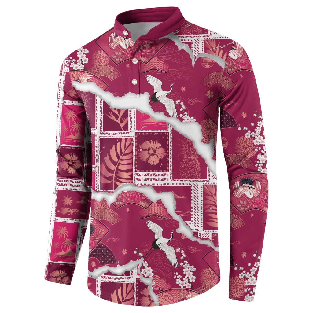 Hawaii Japanese Culture Pink Button Sweatshirt Spring Cranes Aloha Pattern LT01 - Polynesian Pride